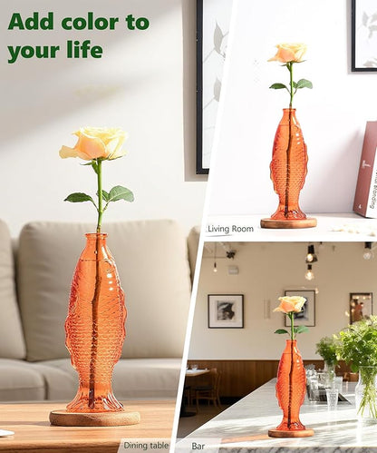 Nacome Fish Vase Propagation Stations: Glass Plant Terrarium with Wooden Stand for Home Office Desk Decor, Unique Gifts for Plant Lovers Women Mom (Orange)