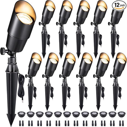 Gardenreet LED Spot Light Outdoor - Die-Cast Brass 12V Uplighting Waterproof, Low Voltage Landscape Lights Metal, Black for Fence Fountain with Daytime White MR16 Replaceable Bulbs (12 Pack)