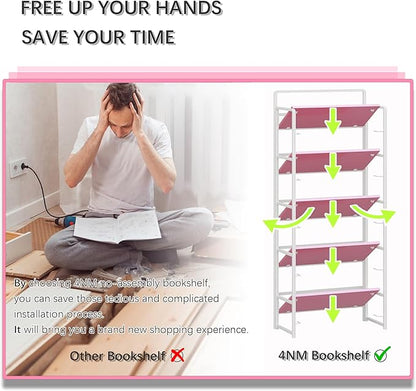 4NM No Assembly 5 Tiers Folding Bookshelf Storage Shelves Vintage Bookcase Standing Racks Study Organizer Home Office (Pink White)