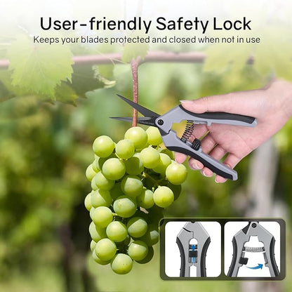 6.5" Ultra Sharp Pruning Shears, 2-Pack Garden Scissors with Stainless Steel Blades, Ergonomic Grip, Rust Resistant, Safety Lock, Trimming Scissors for Plants (1pc Straight & 1pc Curved)