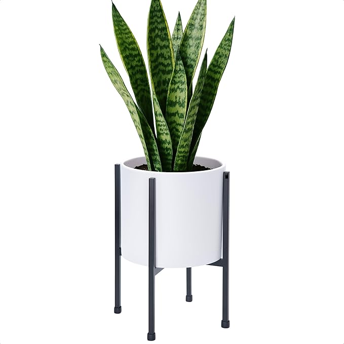 D'vine Dev 8 Inch White Planter Pot with Stand – Modern Plastic Cylinder Flower Pot with Heavy-Duty Metal Stand for Indoor Plants, 55-D-A-1
