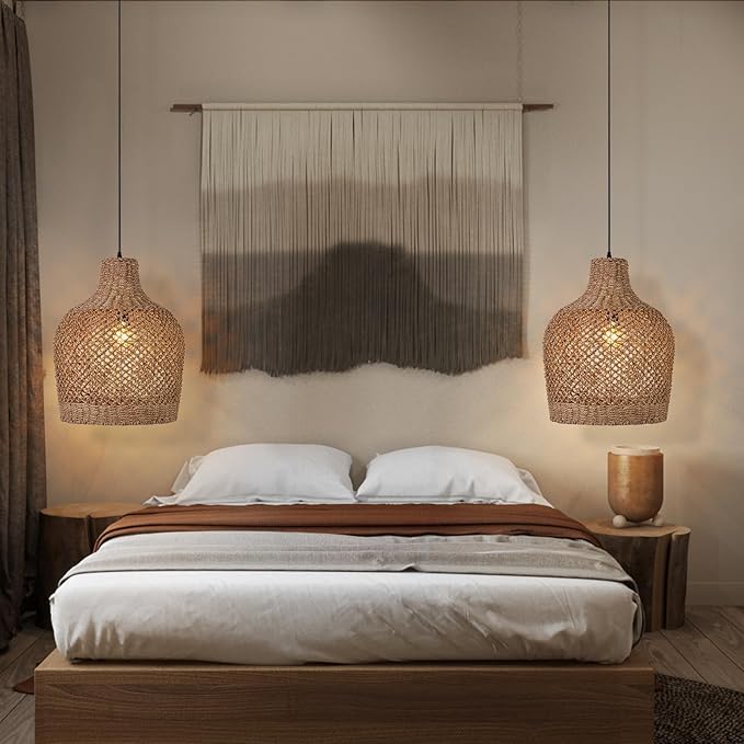Arturesthome 1 Light Rattan Pendant Light Rattan Chandelier Handwoven Boho Coastal Pendant Lampshade Wicker Basket Ceiling Light Hanging Light for Dining Living Room D 15.7″* 19.6″