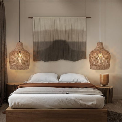 Arturesthome 1 Light Rattan Pendant Light Rattan Chandelier Handwoven Boho Coastal Pendant Lampshade Wicker Basket Ceiling Light Hanging Light for Dining Living Room D 15.7″* 19.6″
