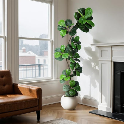 Articifial Fiddle Leaf Tree, 7ft Faux Plant Fake Ficus Lyrata Trees with White Planter & Moss, Artificial Fig Trees Floor Plants for House Office Living Room Indoor Decor, Housewarming Gift