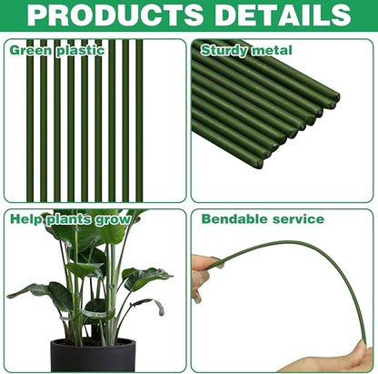 10pcs Green Plant Support Stakes with 15pcs Clips, Bendable Stakes for Tall Plants, Indoor & Outdoor Use