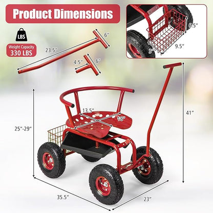 Goplus Rolling Garden Seat with Wheels, Outdoor Garden Cart with 360° Swivel Seat & Tool Storage, 2 Steering Handles, Gardening Stool Wagon Scooter, Lawn, Patio Gardening Workseat for Seniors