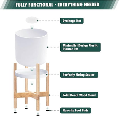 D'vine Dev Planter Pot with Stand - 8 Inch Plastic Cylinder Flower Pot with Wood Planter Holder for Indoor, Matte White Pot + Natural Stand, 55-C-J-1