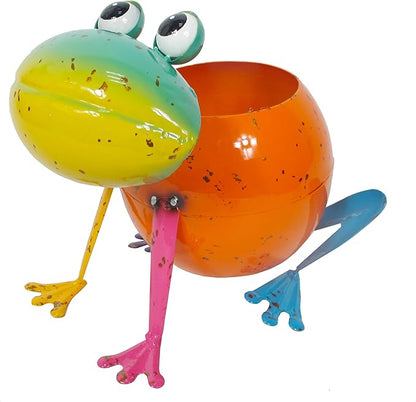 Continental Art Center Inc. 18148 Metal Frog Planter Flower Pot, Orange, Green