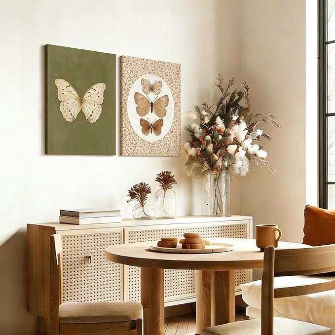 Kdyudo 2 pcs Vintage Butterfly Canvas Framed Wall Art Insect Farmhouse Art Poster Retro Atmosphere Cottage Sail Painting Pictures Country Style Suitable for Kitchen Living Room Wall Decor 12x16 inch
