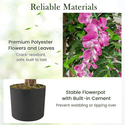 Goplus 5.5FT Ficus Artificial Tree, Faux Wisteria Tree in Nursery Pot with Blooming Flowers, Fake Potted Tree Greenery Floor Plant for Indoor Home Office Porch Living Room Decor