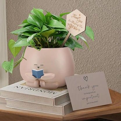 Bookworm Planter Pot Succulent Pot for Book and Plant Lover & Thank You Card, Emotional Support Gift, End of School Gift, Teacher Gifts Mother Dad Appreciation M
