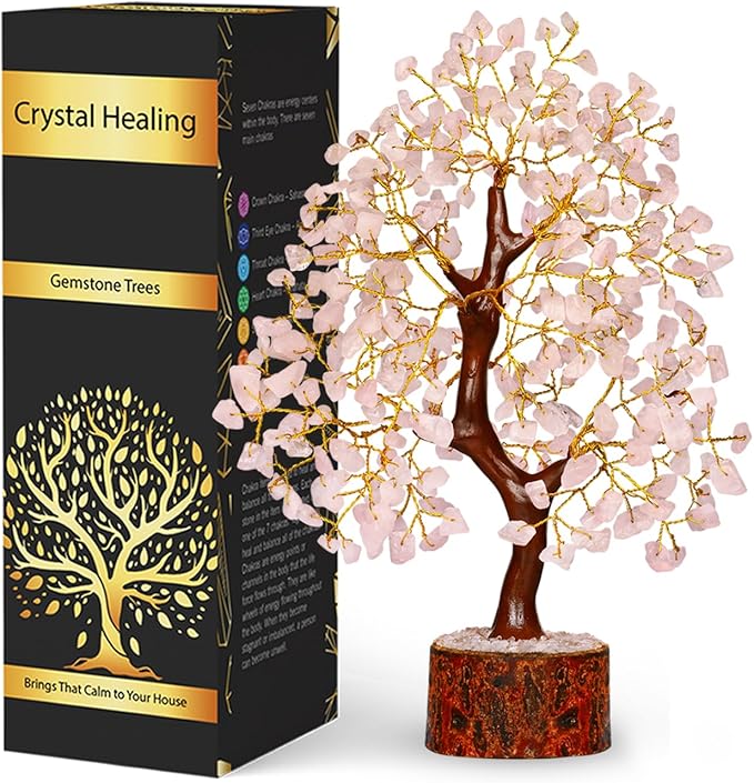 NARIBABU Rose Quartz Crystal Tree – 10-12 Inch Gemstone Tree with Golden Wire & Wooden Base – Healing Crystals Decor, Gifts for Her, Birthday Gift for Women, Spiritual Energy