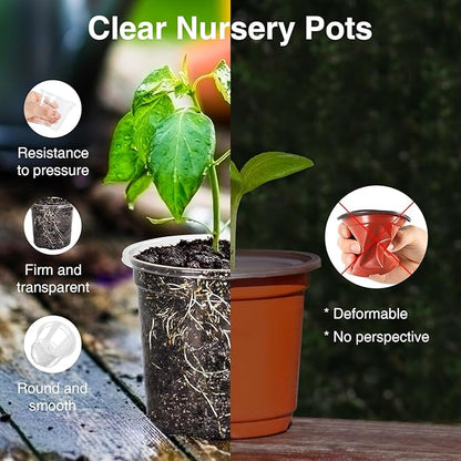 Bonviee 30 Packs 6.7/5/4 Inch Clear Nursery Pots for Plants, Plastic Seedling Pots with Drainage Holes, Planters for Indoor Plants and Transparent Seed Starter Pots with 10 Plant Labels