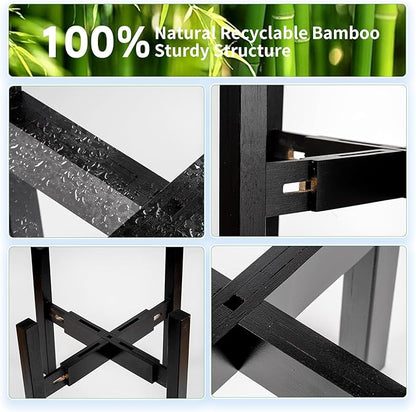 Adjustable Bamboo Plant Stand for Indoor Plants, Holder Rack Fits 8"-12" Pots for Living Room, Bedroom, Corner - Space Saving Shelf (Pot & Plant Not Included)(Black)