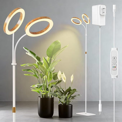 Dual Head Grow Light for Indoor Plants Full Spectrum - Floor Standing Plant Lamp with Auto Timer 6/12/18H, 5-Level Dimmable & Adjustable Height 16.5-68in for Large Tall Plants | Faux Wood Design