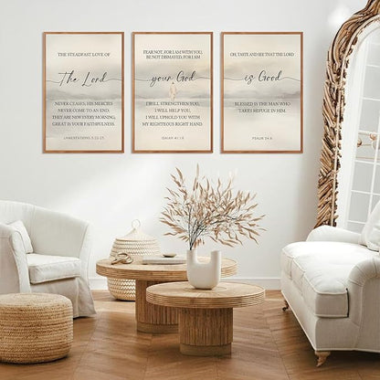 HLNIUC Jesus Scriptures Framed Wall Art,Inspiring Christian Scripture Wall Art Set of 3(24”x36”)The Lord Your God Is Good Bible Verse Wall Decor,Modern Religious Quotes Canvas Art Print for Home Living Room