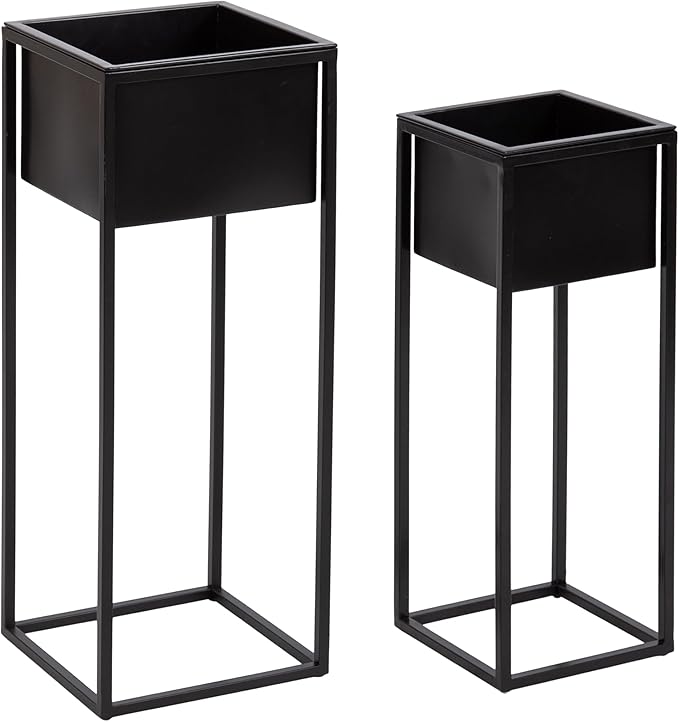 Kate and Laurel Palade Modern Two-Piece Metal Outdoor Planter Set; 2 Piece Set; Black; Metal Indoor or Outdoor Planters with Geometric Base for Patio Plant Decor