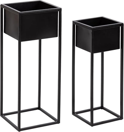 Kate and Laurel Palade Modern Two-Piece Metal Outdoor Planter Set; 2 Piece Set; Black; Metal Indoor or Outdoor Planters with Geometric Base for Patio Plant Decor