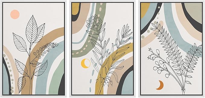 Ashbrook Framed Wall Art Print Set 1960s Retro Floral Forest Plant Silhouettes Abstract Nature Illustrations Modern Art Boho Colorful for Living Room, Bedroom, Office - 16"x24"x3 WHITE