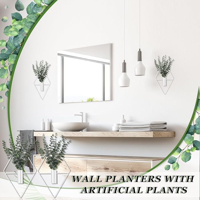 Jexine Hanging Planters with Artificial Eucalyptus Metal Hanging Vase Indoor Plants Holder Modern Geometric Boho Bathroom Wall Decor for Living Room Home Office(White,4 Pcs)