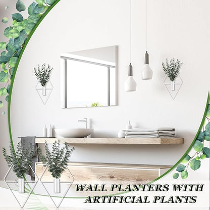 Jexine Hanging Planters with Artificial Eucalyptus Metal Hanging Vase Indoor Plants Holder Modern Geometric Boho Bathroom Wall Decor for Living Room Home Office(White,4 Pcs)