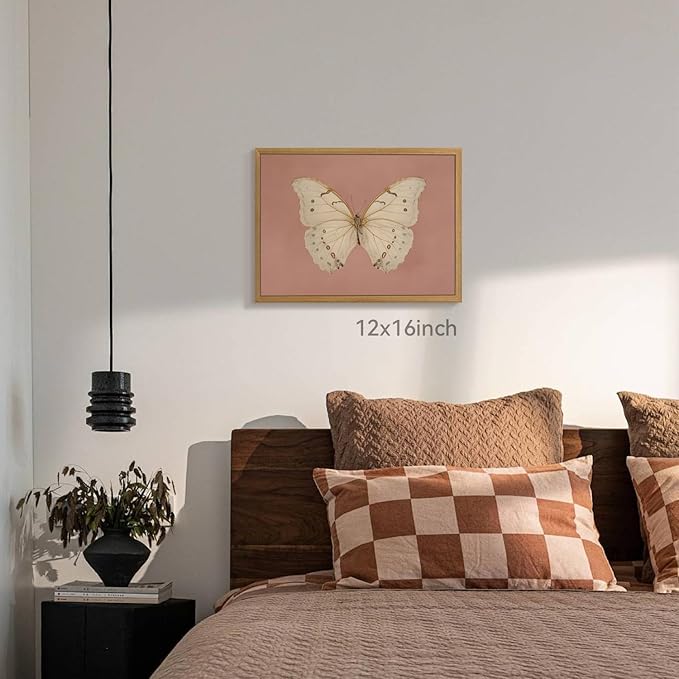 CAZLOUC Vintage Butterfly Canvas Wall Art, Pink Bathroom Wall Decor, Classic White Butterfly Aesthetic Picture, Retro Nature Insect Poster Print for Bedroom Living Room Wood Framed 16x24 Inch