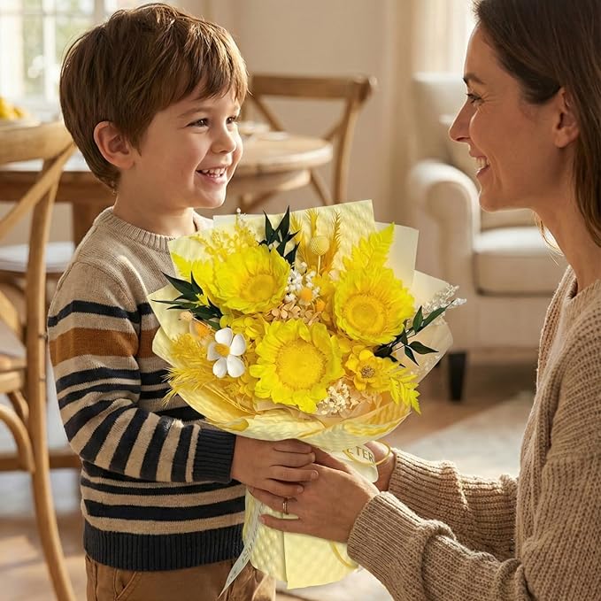 Vaanshie Yellow Preserved Sunflower Bouquet – Long Lasting Eternal Flowers Gift for Her, Valentine’s Day, Birthday, Anniversary & Bright Home Décor
