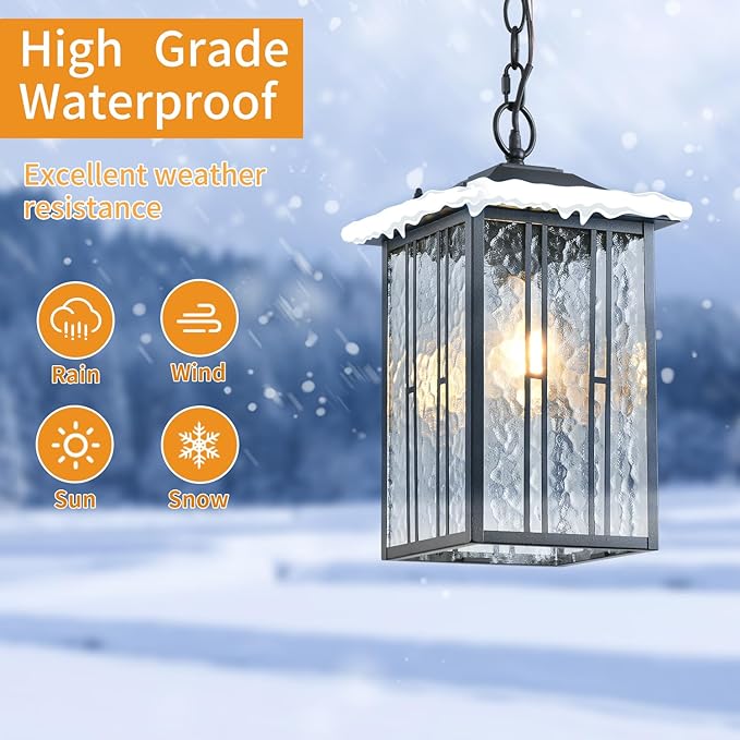 Outdoor Pendant Light, Black Exterior Hanging Lights, LED Outdoor Chandelier, Modern Hanging Lantern for Porch, Ceiling Entry Porch Patio Matte Black with Water-Rippled Glasses
