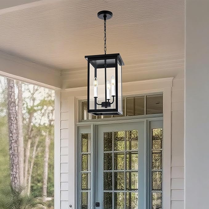 3 Lights Indoor Pendant Light White Outdoor Chandelier Exterior Hanging Fixture Ceiling Mount with Clear Glass Shade Hanging Lantern Light Adjustable Pendant Light for Outdoor Hallway