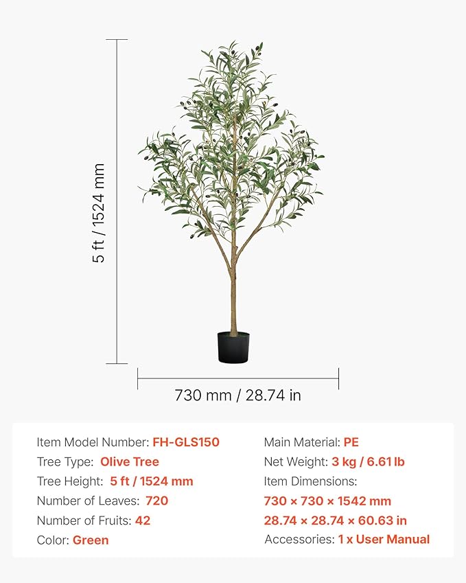 VEVOR 5FT Artificial Olive Tree with Black Pot, Tall Fake Tree with Natural Wood Trunk & Realistic Green Leaves and Fruits, Indoor Faux Plant for Home, Office, Living Room, Corner Decor