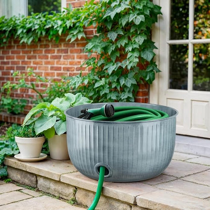 Monarch Abode Garden Hose Holder with Lid – Decorative Water Hose Holders for Outside, Ridge Embossed Metal Patina Pot with Drainage, 100ft Waterhose Holder for Outside, Garden Storage Caddy