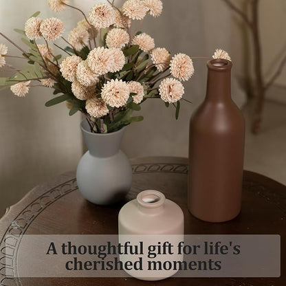 Ceramic Flower Vase Set of 3, Fake Flowers in Vase for Centerpieces with 8 Artificial Autumn Chrysanthemums Artificial Decorative Swags