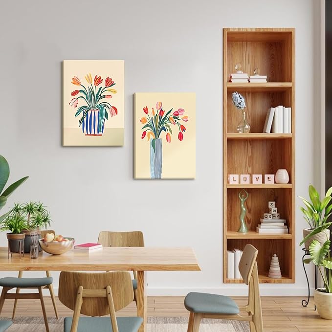 RUMSICH 2 Pcs Abstract Tulip Canvas Wall Art Modern Floral Wall Decor Pictures Colorful Botanical Posters Print Vintage Blue Striped Vase Paintings Artwork Living Room Bedroom Office Decor 16x24 Inch
