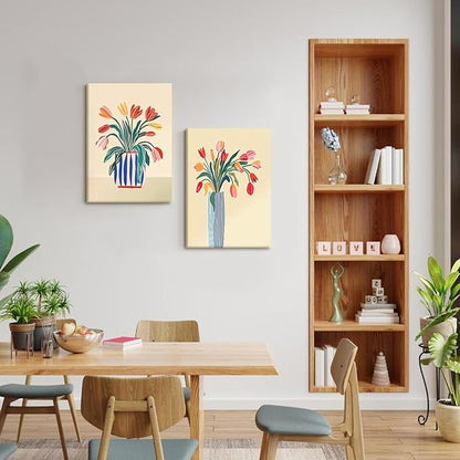 RUMSICH 2 Pcs Abstract Tulip Canvas Wall Art Modern Floral Wall Decor Pictures Colorful Botanical Posters Print Vintage Blue Striped Vase Paintings Artwork Living Room Bedroom Office Decor 12x16 Inch