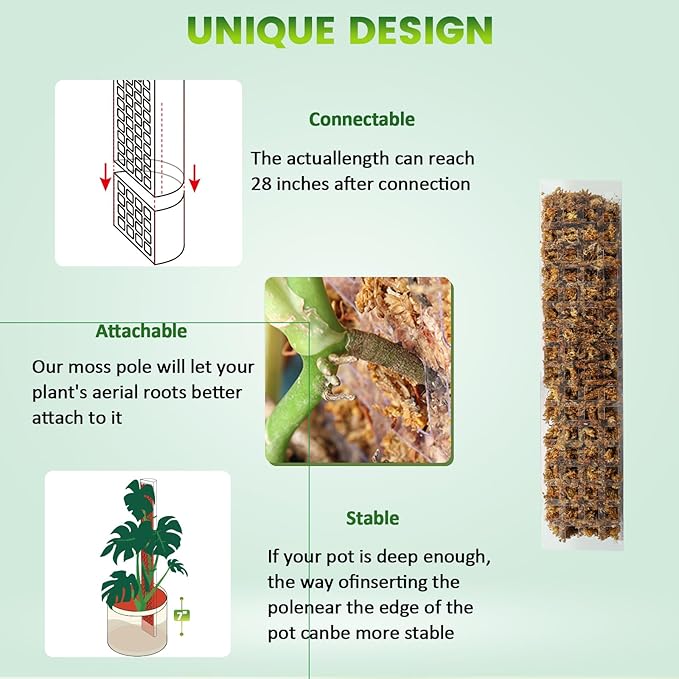 EOX 4 Pcs 15 Inch Plastic Moss Pole for Plants Monstera Set with 5.3oz/150g Sphagnum Moss, Plant Poles for Climbing Plants, Plant Support for Indoor Plants, Garden Ties