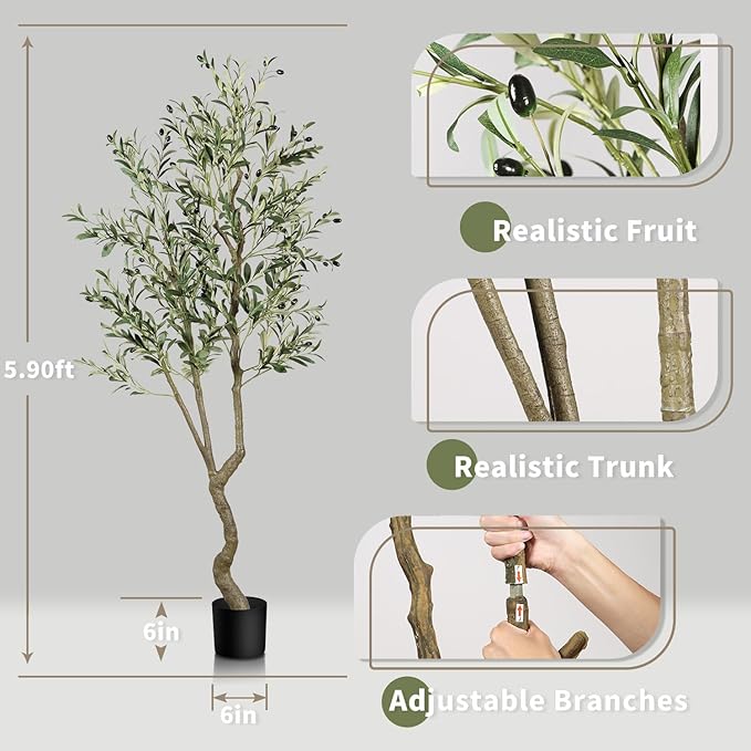 6.1ft Artificial Olive Tree, Faux Olive Tree with Lifelike Fruits, 72 in Fake Olive Tree with Sturdy Plastic Nursery Pot, Artificial Plants for Office Home Living Room Indoor Outdoor Decor