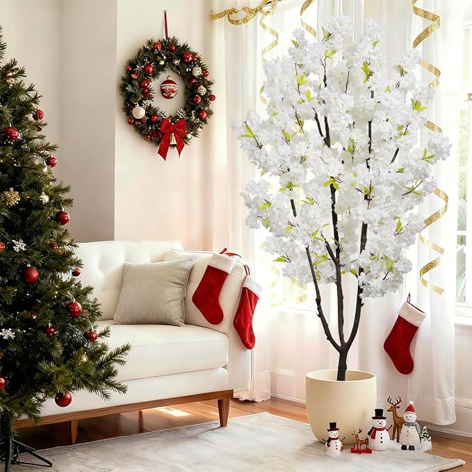 Faux White Cherry Blossoms Tree 6FT Flowering Tree Artificial Cherry Blossom Tree for Bedroom Home Christmas New Year Decor