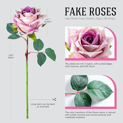 Fake Roses Faux Flowers Silk Roses Artificial Roses with Stems Realistic Artificial Flowers 24PCS Suitable for Indoor Home Decoration DIY Bouquet Wedding Decor Party Decor (Purple) 16.5In