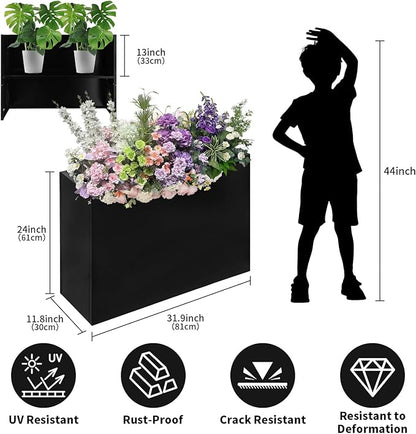 Tall Rectangle Planter 32 L x 12" W x 24" H Black Metal Large Planter Boxes Outdoor Pots,Flowers Pot Garden Porch Patio Privacy