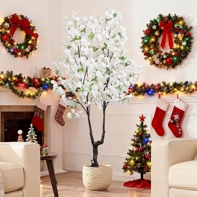Faux Cherry Blossom Tree Artificial White Flowering Trees Fake Cherry Blossom Decorative Tree 6FT Indoor for Christmas New Year Home Decor