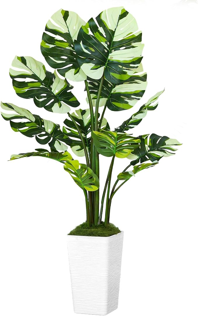 5FT Artificial White Leaf Monstera Plant,Realistic Faux Monstera Plant with Tall White Planter, Lifelike Indoor Outdoor Artificial Tree for Living Room, Bedroom, Office, Housewarming Decor