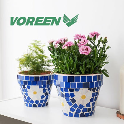 VOREEN Mosaic Terracotta Plant Pots, 2 Pack Handmade Glass Mosaic & Clay Flower Pots with Drainage Plug, Decorative Indoor Outdoor Planter Set for Home Decor, Windowsill, Balcony & Patio