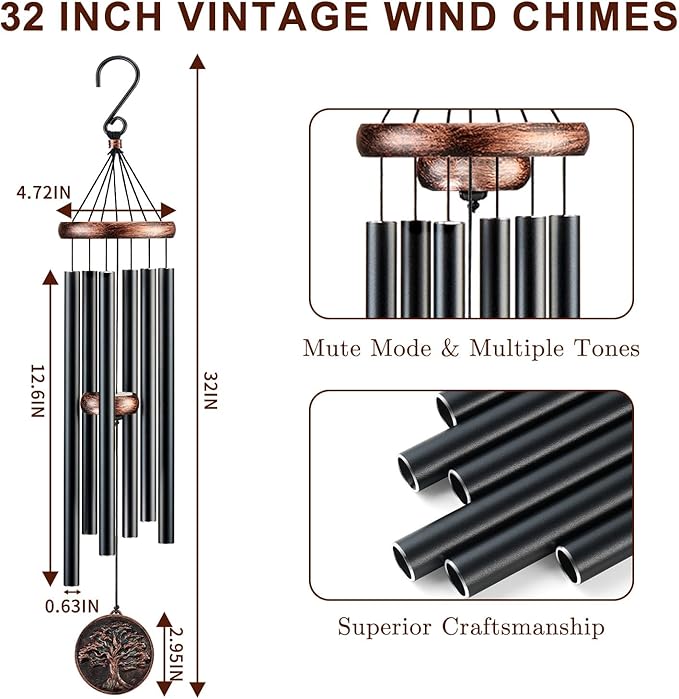 Wind Chimes for Outside, Vintage Tree of Life Deep Tone Wind Chime Outdoor Clearance, Memorial/Festivals/Birthday Gift for Mom Dad Women Grandma, Garden Porch Patio Decor (32" Tree of Life)