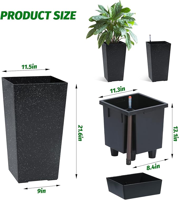 22.5'' Tall Planters for Outdoor & Indoor, Self Watering Plant Pots Set of 2 with Water Level Monitor & Drainage, Automatic Watering for Patio Garden, Black