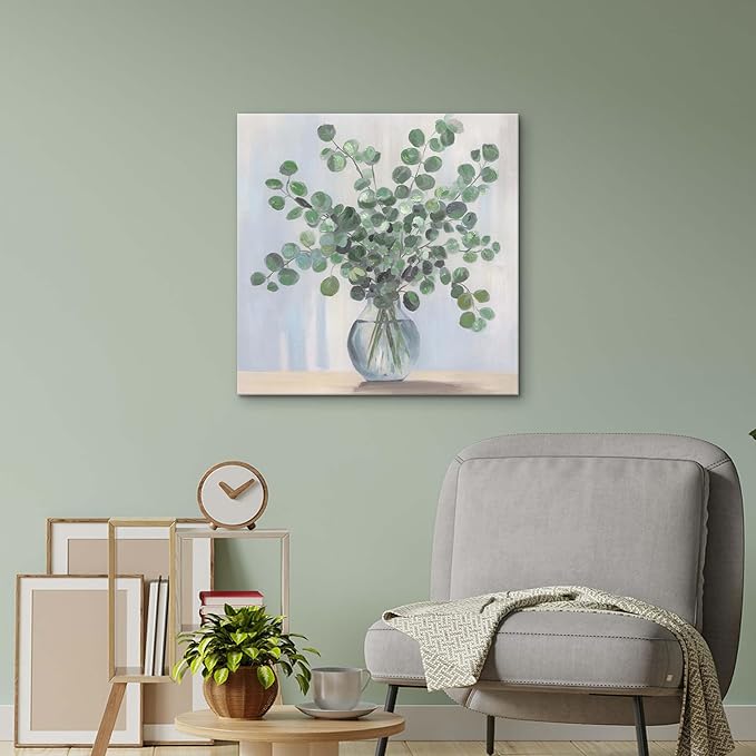 ArtSquare Botanical Leaves Canvas Wall Art - Sage Green Pictures Eucalyptus Plant Decor for Bathroom Bedroom 24x24 Inch