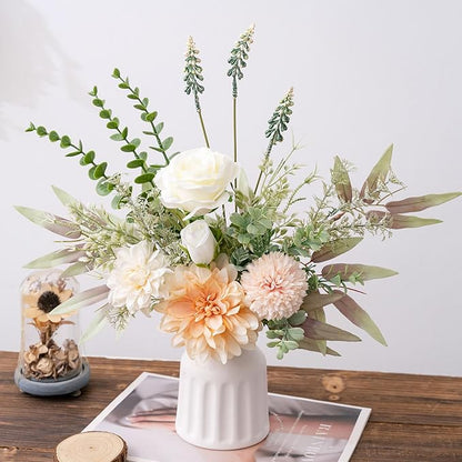 Fake Flowers in Vase, Artificial Flowers with Vase, 15.7'' Floral Arrangements for Dining Table Centerpiece Decor, Silk Roses & Faux Dahlia Bouquet for Farmfouse Kitchen Coffee Table Decor (Champagne)