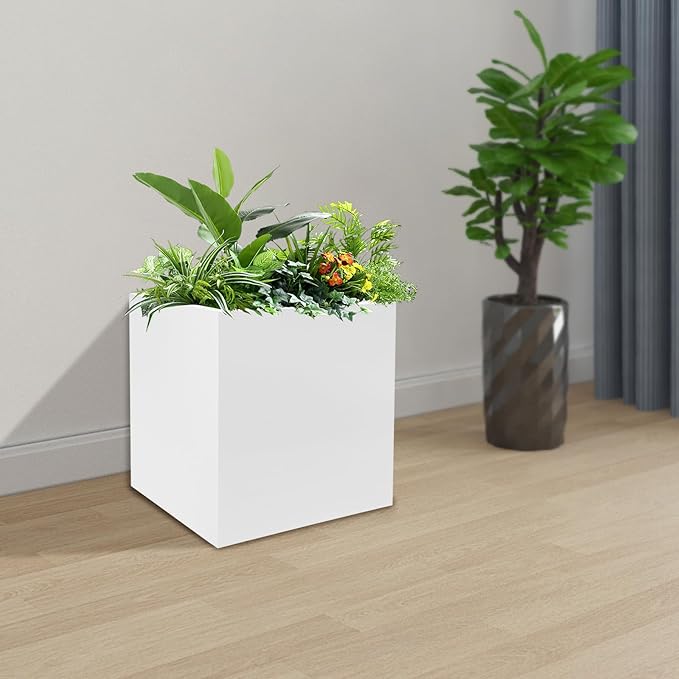 Steel Planter Box Square Indoor Outdoor Planters Large Metal Planter Flower Pot for Garden Patio Deck Yard Commercial Residential (White, 17" L x 17" W x 18" H)