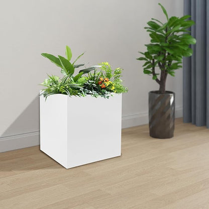 DYNAMI Square Planter Box White Steel Planter,17x17x18in Metal Planter Box Large Cube Plant Pot for Outdoor Plants,Modern Heavy Duty Flower Pot for Patio, Deck, Yard, Garden