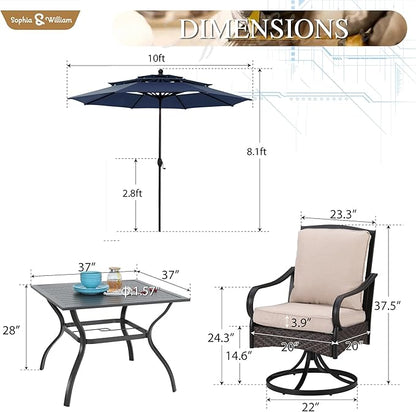 Sophia & William Patio Dining Set with 10ft 3 Tier Auto-tilt Beige Umbrella, 6 Piece Outdoor Table and Chairs with 4 Padded Swivel Rocker Dining Chairs, 1 Square Metal Table and 1 Umbrella Navy Blue
