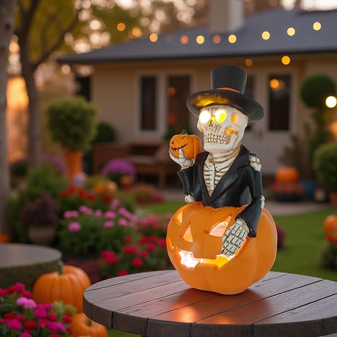 Solar Outdoor Decorations Wizard Skeleton with Pumpkin Figurine Lights, Fall Pumpkin Garden Decor for Yard Patio Porch Balcony, LED Skull Gothic Party Accessories, Home Gift for Thanksgiving Harvest